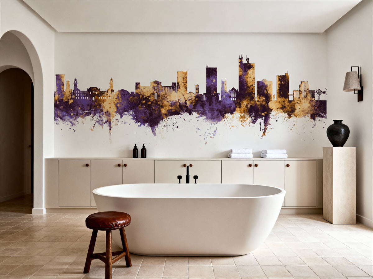 Lubbock Texas Skyline Purple & Gold Mural Wallpaper - room preview 05