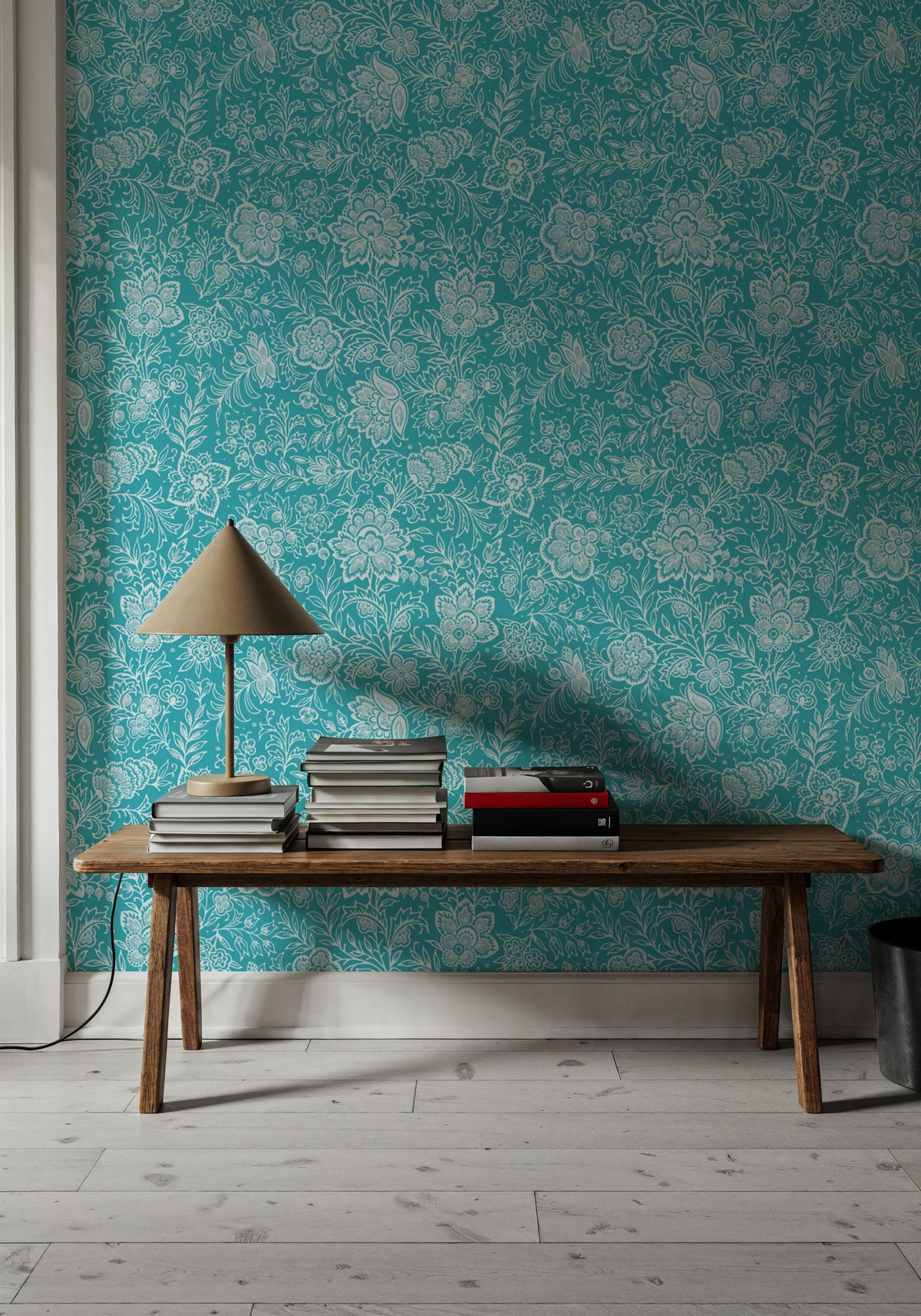 Kala Flowers White on Turqouise Mural Wallpaper - room preview 05