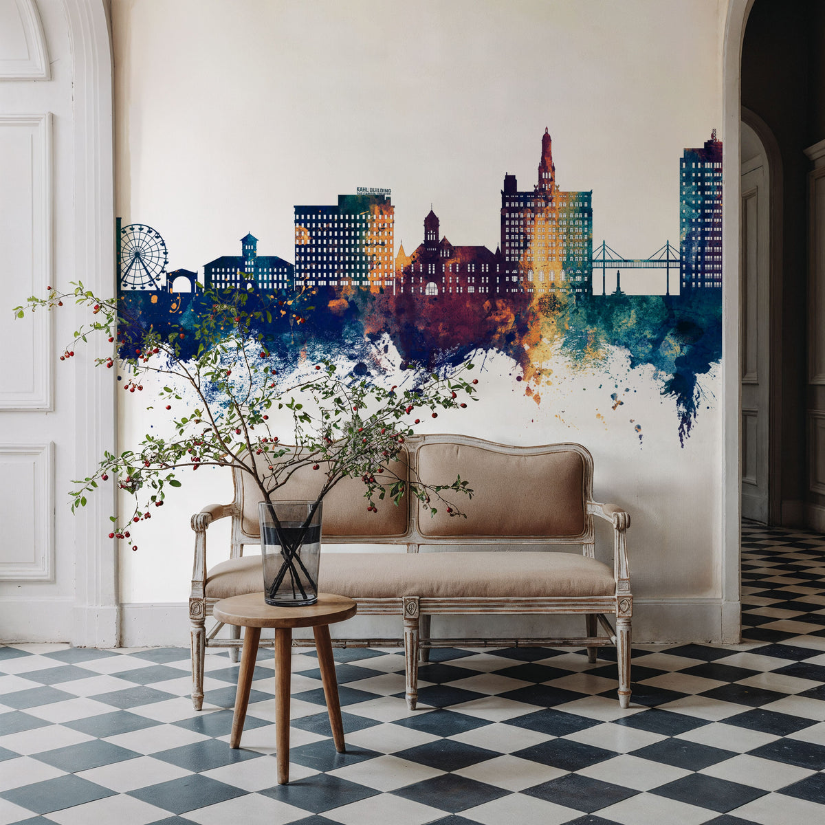 Davenport Iowa Skyline Blue & Bronze Mural Wallpaper - room preview 05