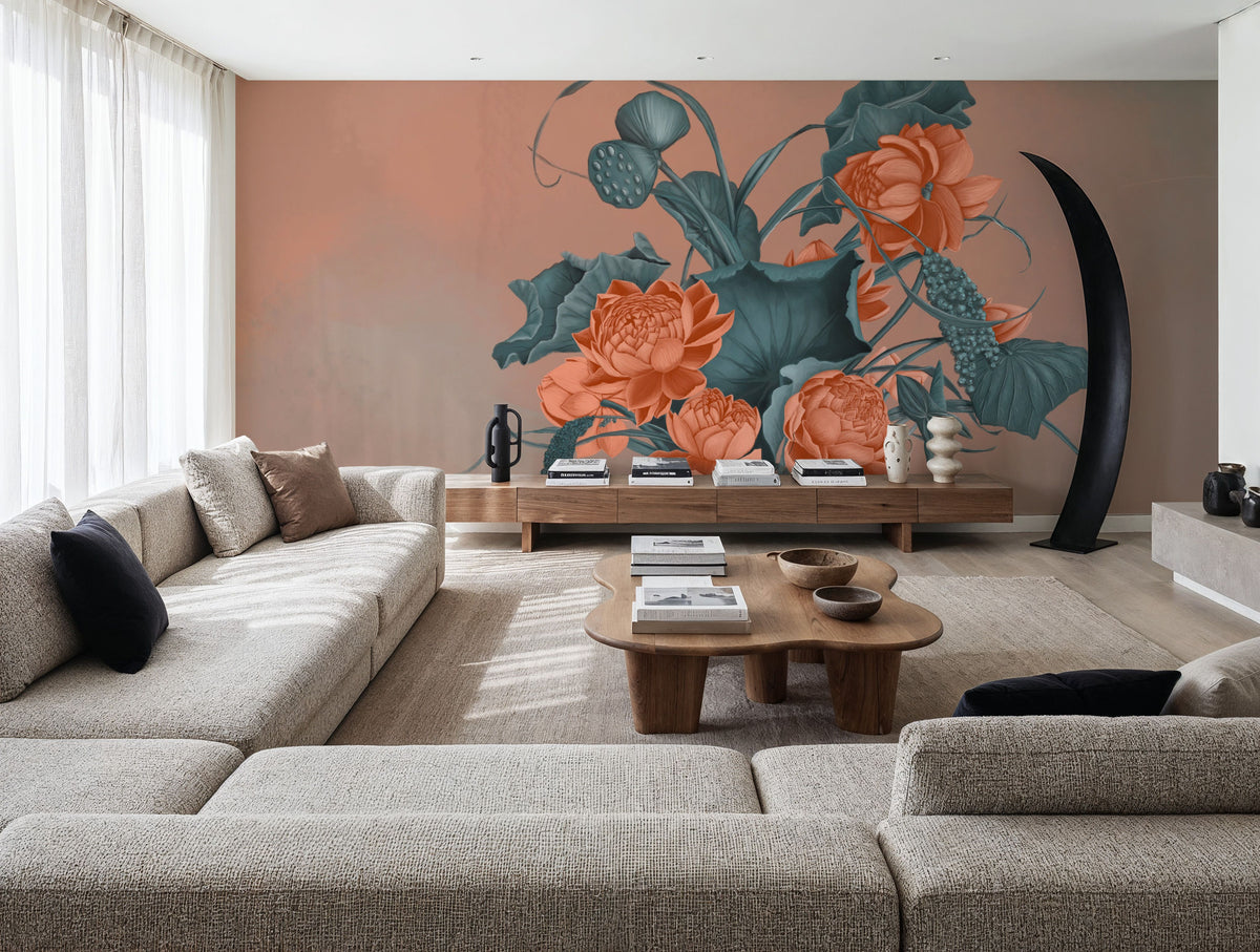 Humble Blooms - Peach and Teal Mural Wallpaper - room preview 05