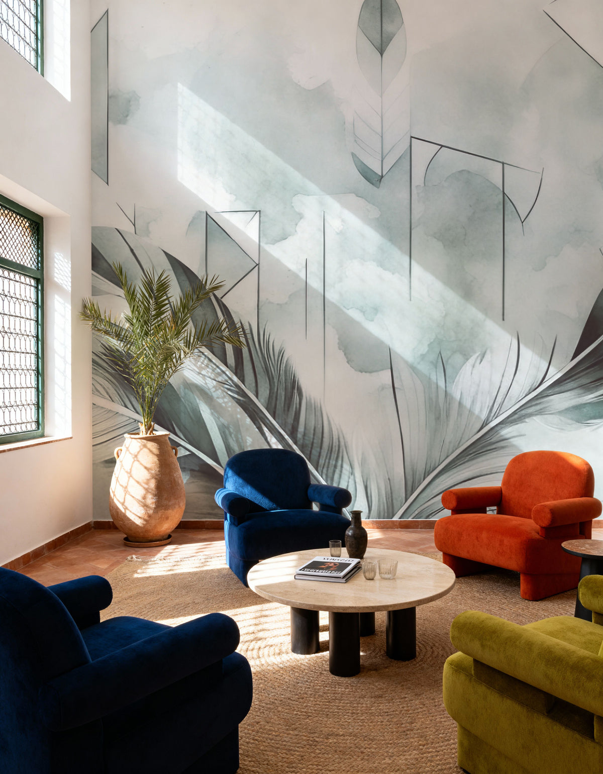 Feather Geometry Teal Mural Wallpaper - room preview 05