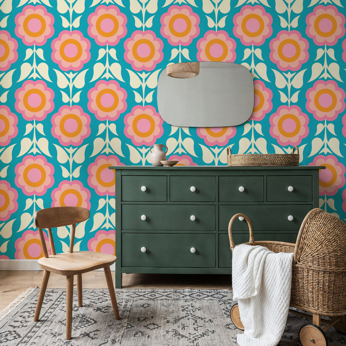 Retro Bold Blooms, Pastel Mural Wallpaper - room preview 05