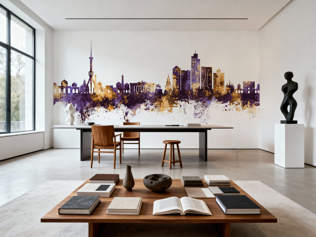 Tashkent Uzbekistan Skyline Purple & Gold Mural Wallpaper - room preview 05