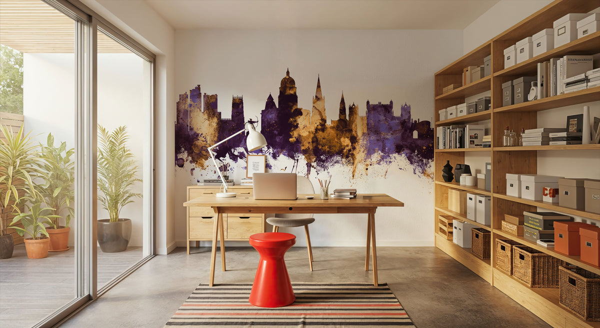 Nottingham England Skyline Purple & Gold Mural Wallpaper - room preview 05