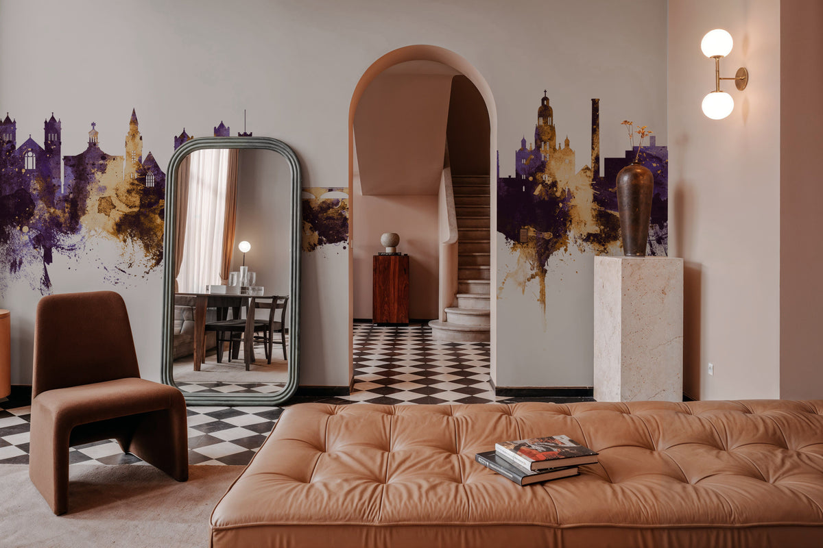 Nashua New Hampshire Skyline Purple & Gold Mural Wallpaper - room preview 05