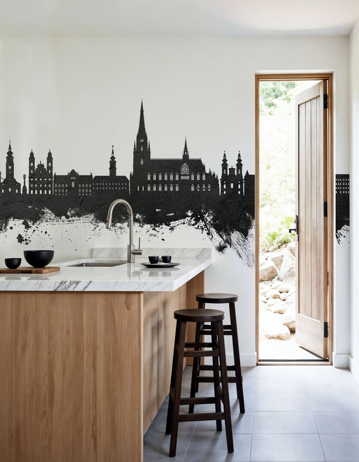 Linz Austria Skyline Black & White Mural Wallpaper - room preview 05