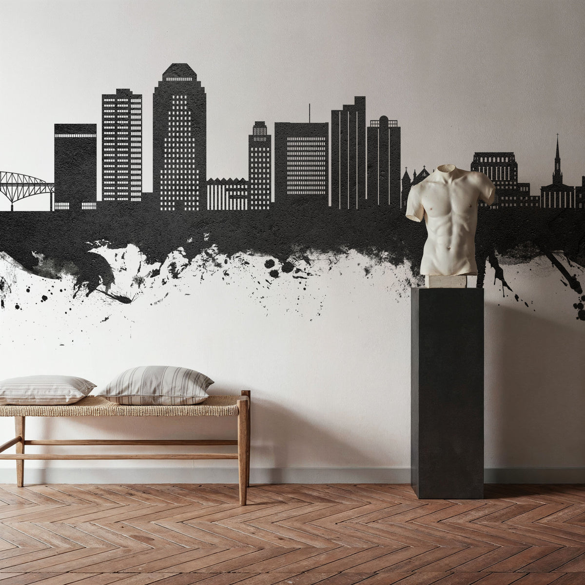 Shreveport Louisiana Skyline Black & White Mural Wallpaper - room preview 05