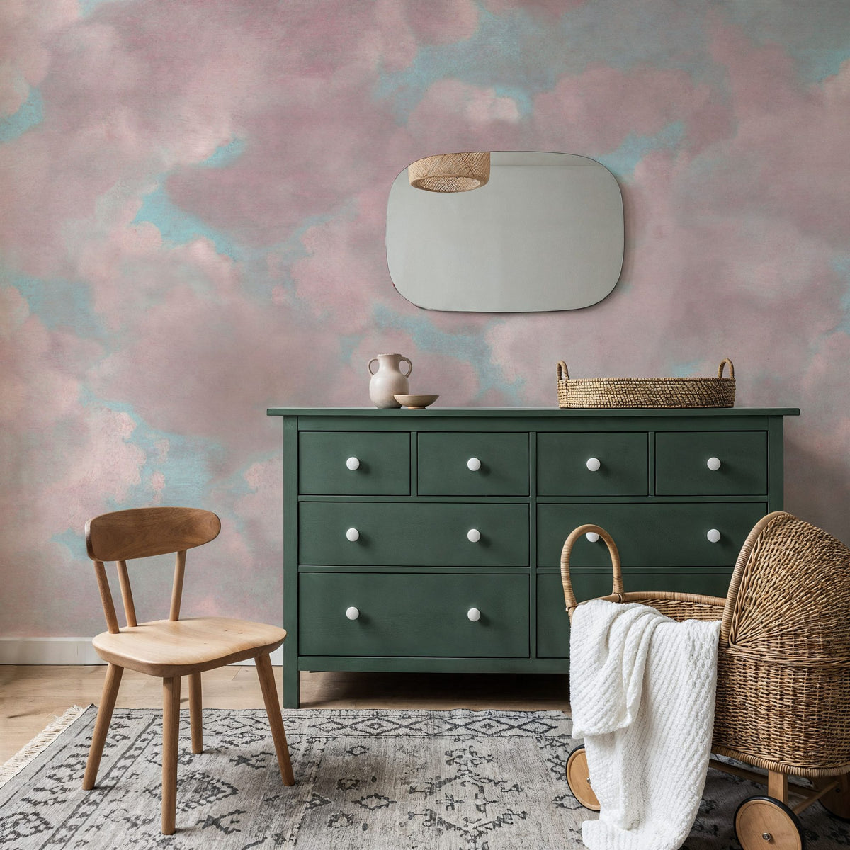 Painted Dreamy Clouds, Pink Mural Wallpaper - room preview 05