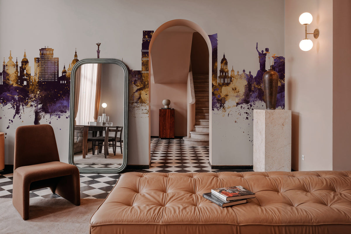 Kyiv Ukraine Skyline Purple & Gold Mural Wallpaper - room preview 05