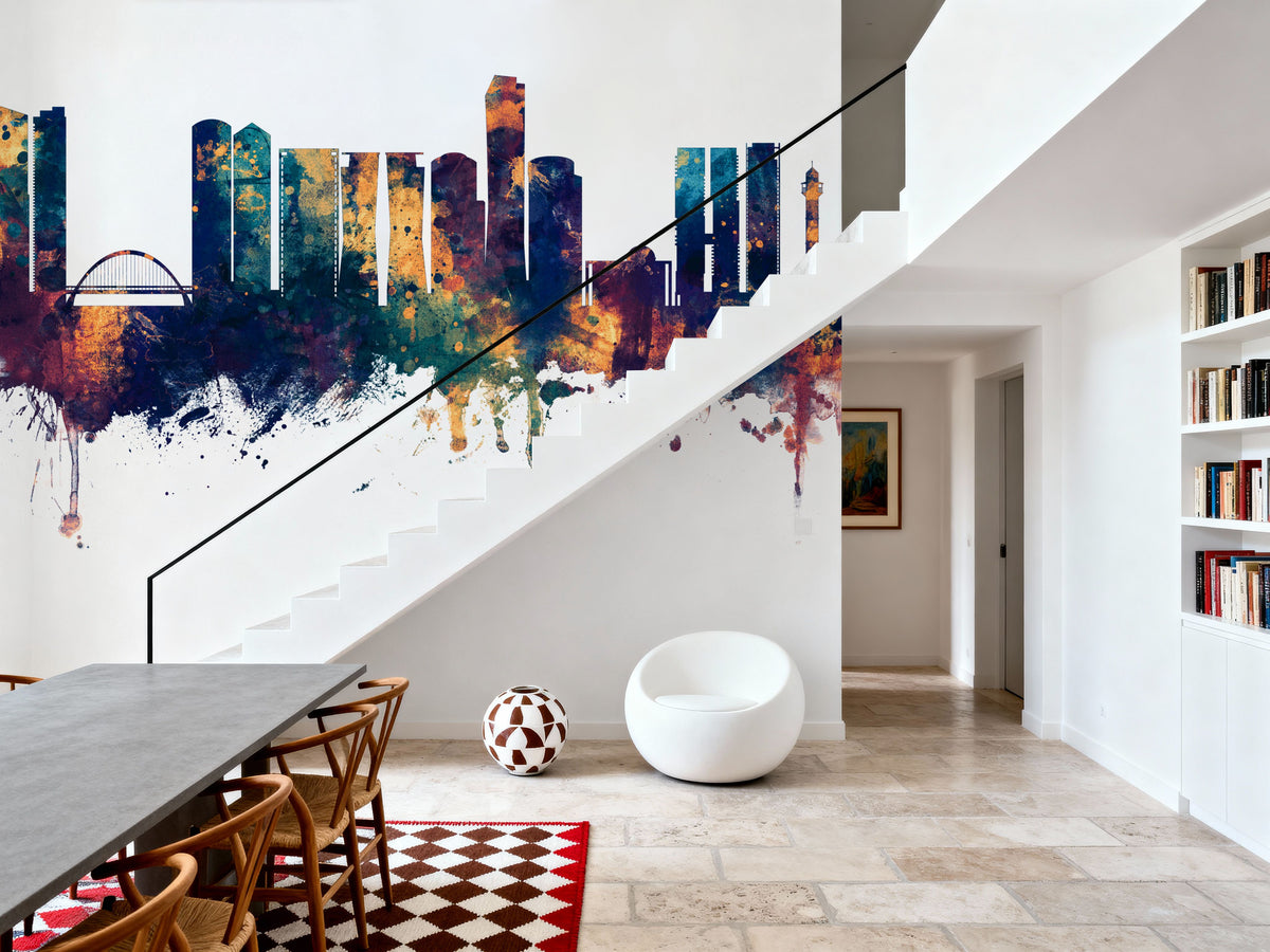 Tel Aviv Skyline Blue & Bronze Mural Wallpaper - room preview 05