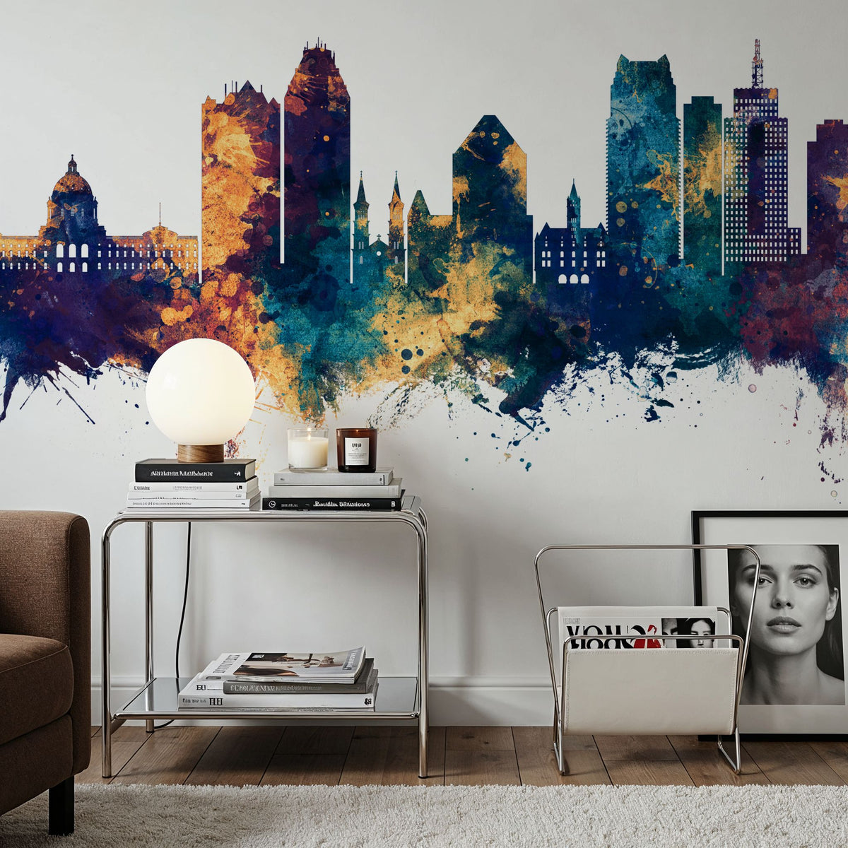 Saint Paul Minnesota Skyline Blue & Bronze Mural Wallpaper - room preview 05