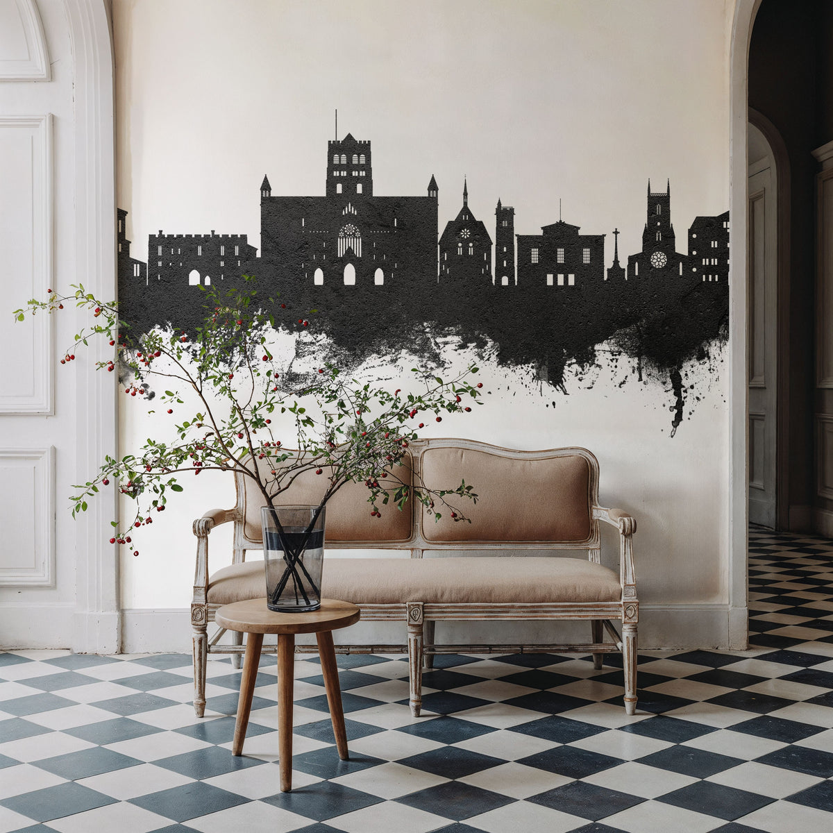 St Albans England Skyline Black & White Mural Wallpaper - room preview 05