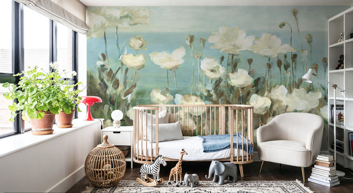 Field of Poppies Bright Cream Crop Mural Wallpaper - room preview 05