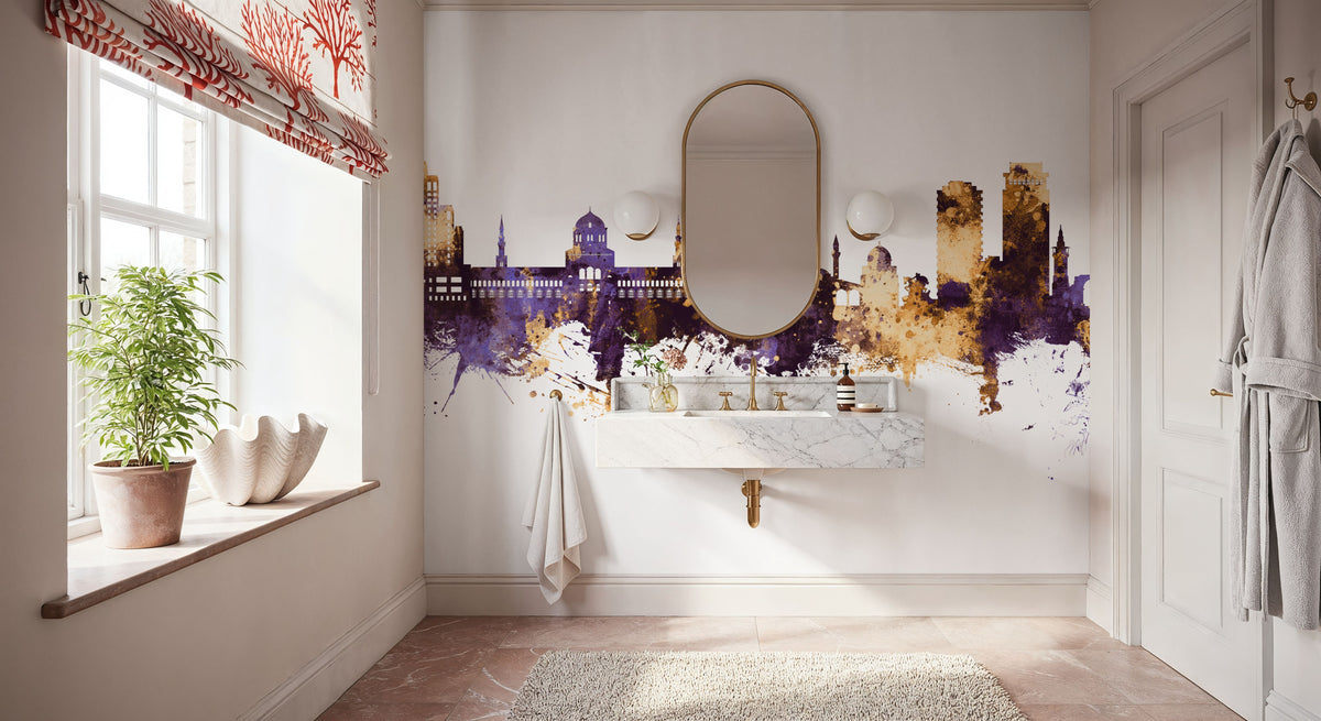 Damascus Syria Skyline Purple & Gold Mural Wallpaper - room preview 05