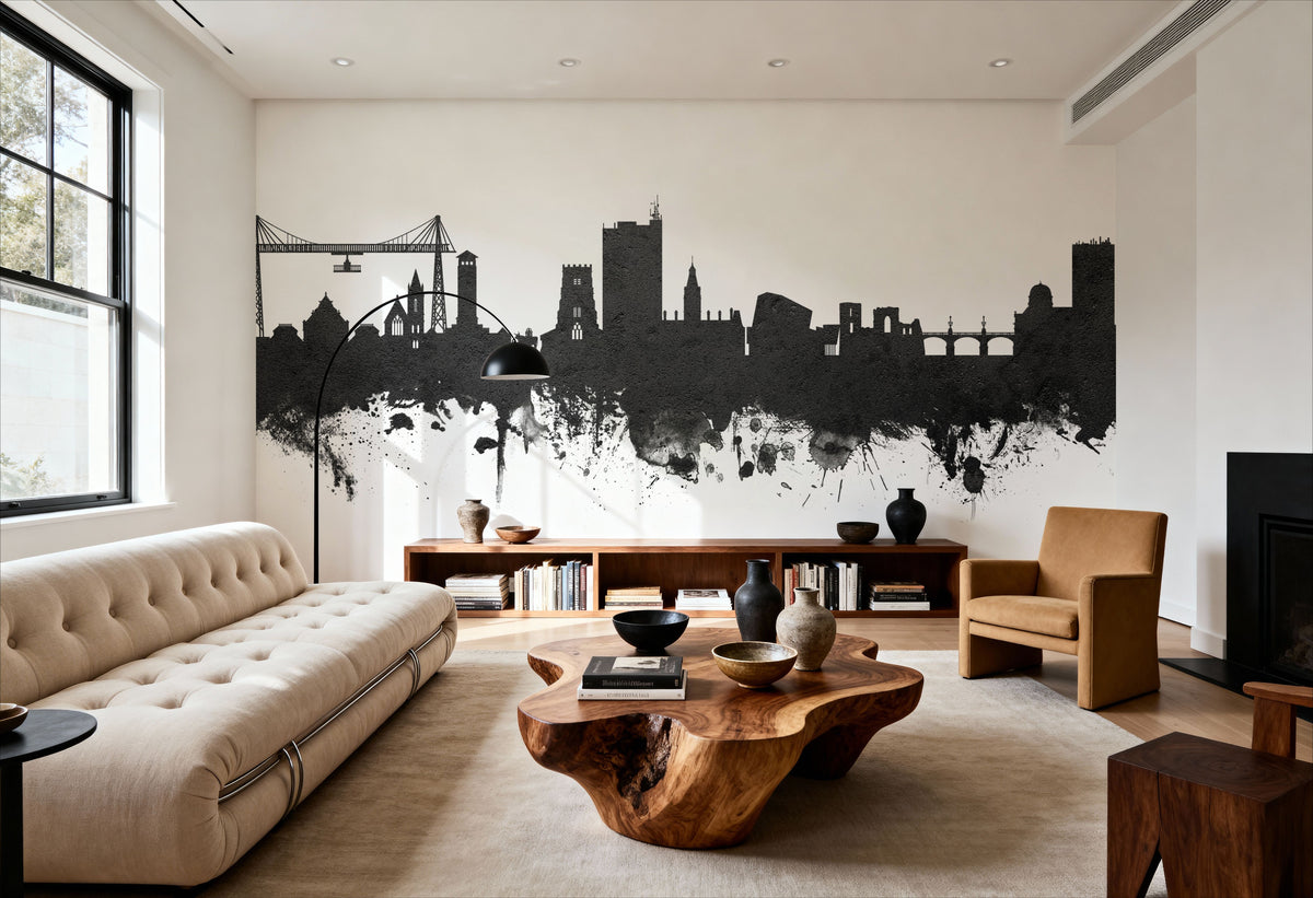 Newport Wales Skyline Black & White Mural Wallpaper - room preview 05