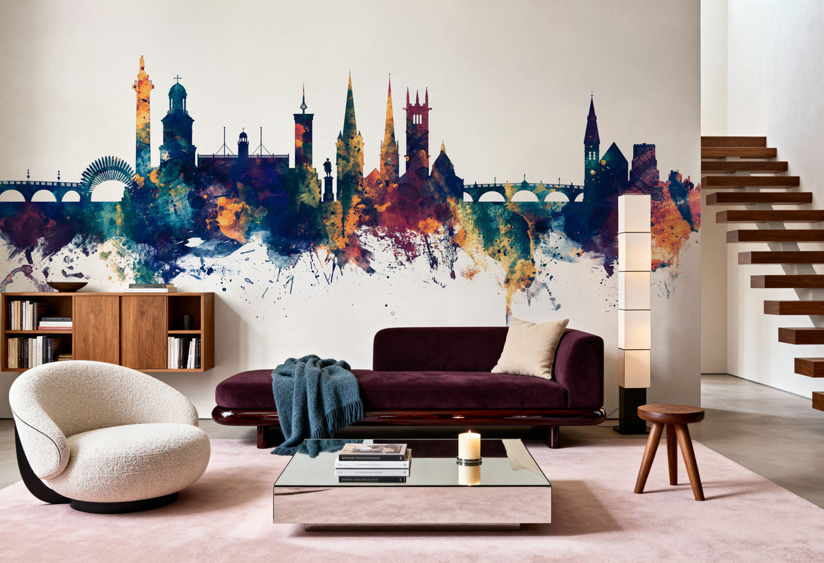 Shrewsbury England Skyline Blue & Bronze Mural Wallpaper - room preview 05