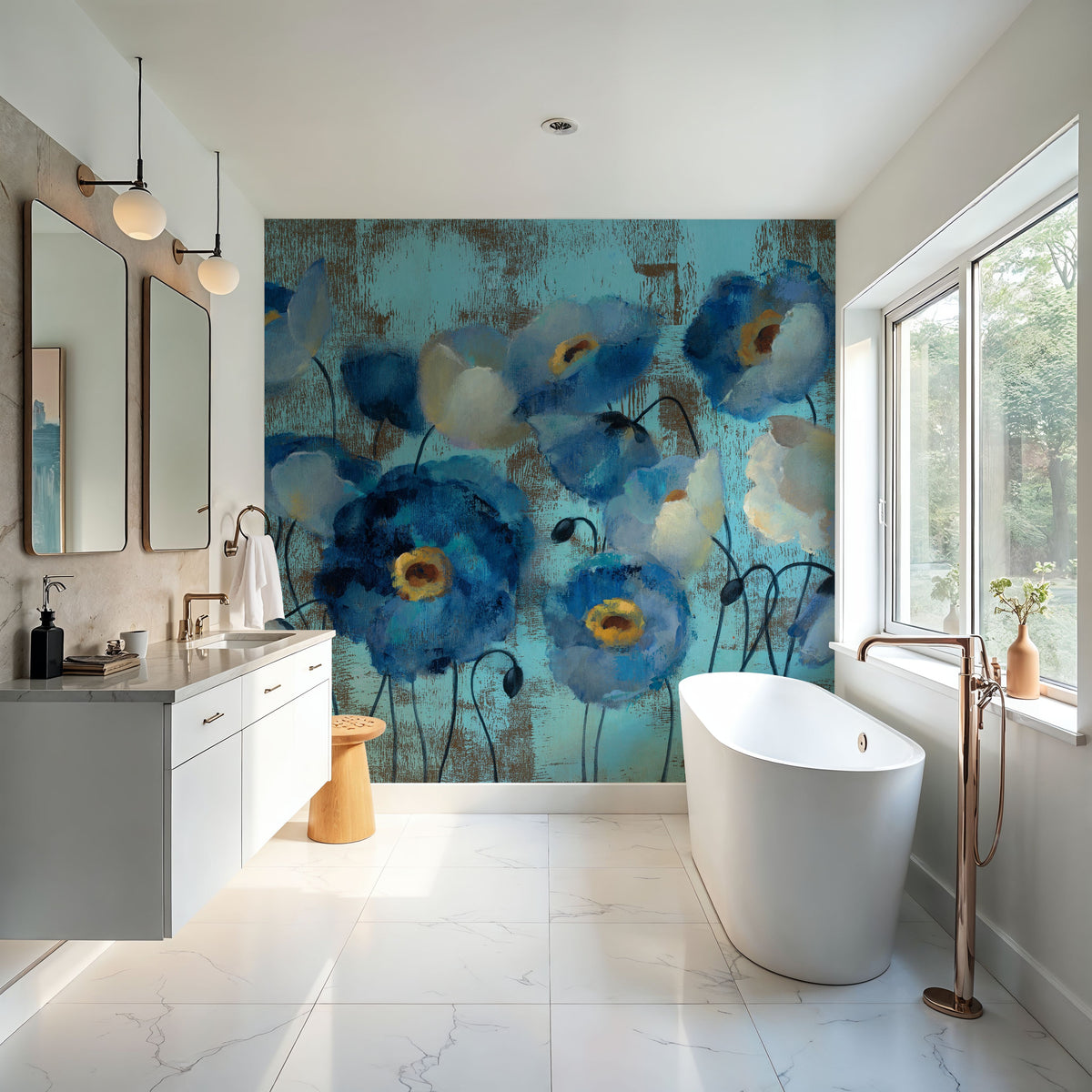 Aquamarine Floral on Blue Mural Wallpaper - room preview 05