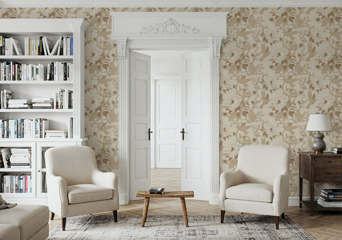 Peony Toile, Beige Mural Wallpaper - room preview 05