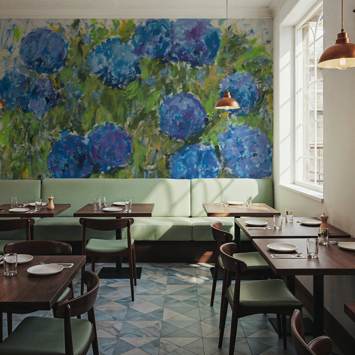 Summer Hydrangeas Mural Wallpaper - Cool Tone - room preview 05