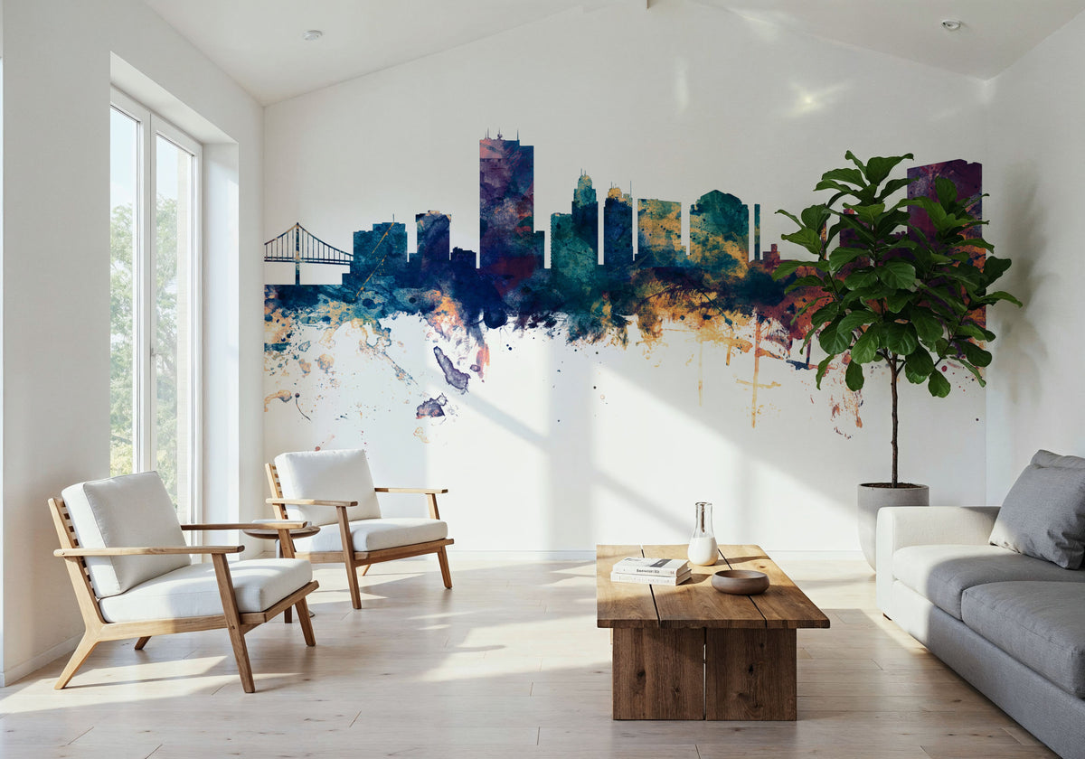 Toledo Ohio Skyline Blue & Bronze Mural Wallpaper - room preview 05