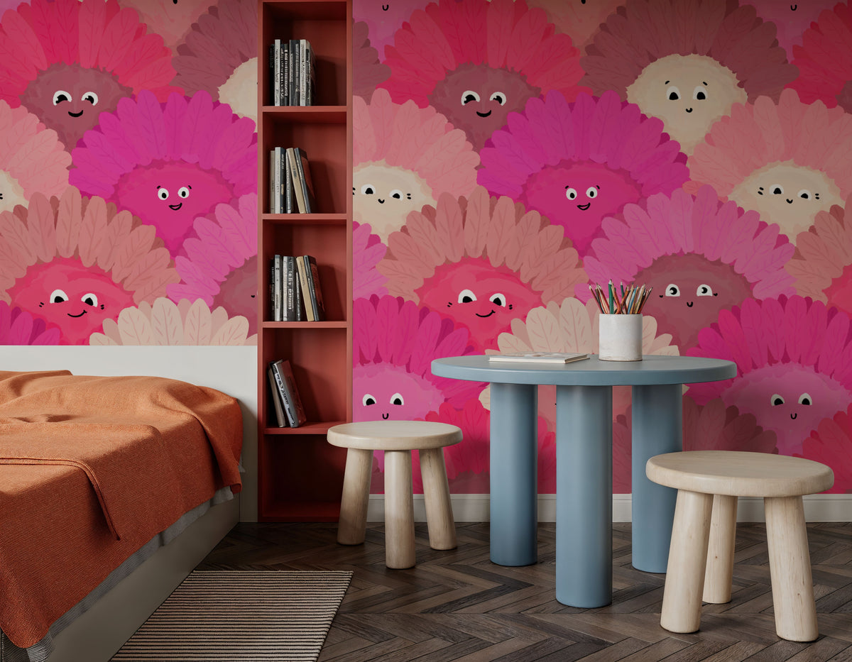 Cute Pink Flower Faces Mural Wallpaper - room preview 05