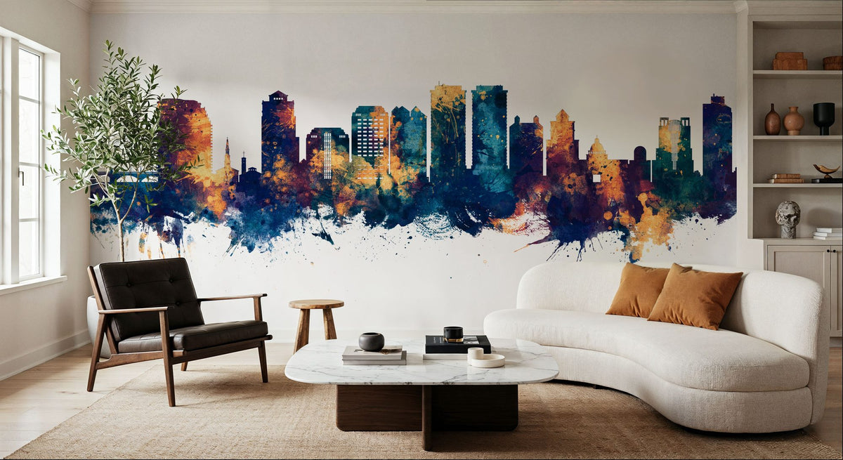 West Palm Beach Florida Skyline Blue & Bronze Mural Wallpaper - room preview 05