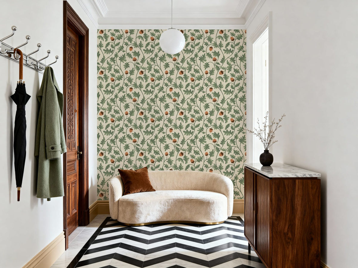 Oak & Acorns, White Mural Wallpaper - room preview 05