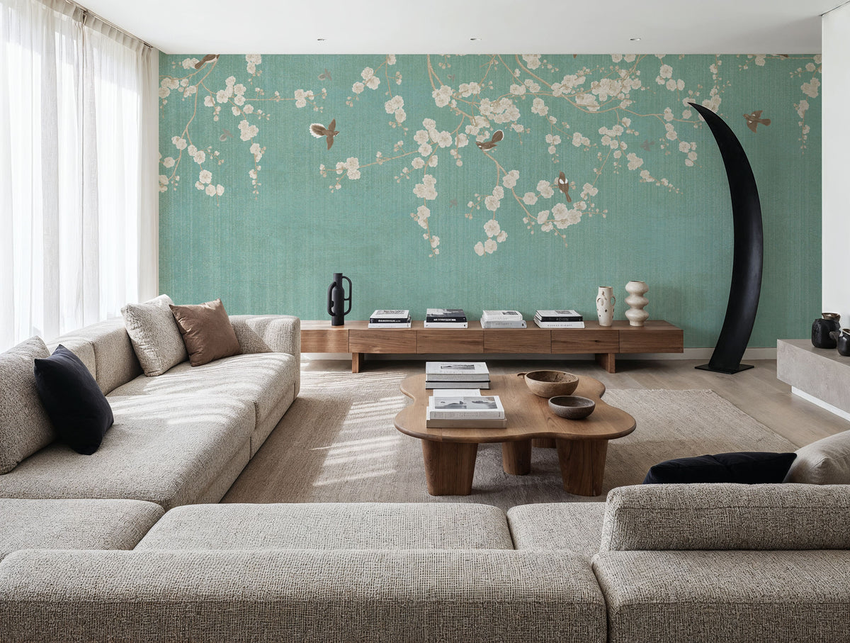 Beneath the Cherry Tree Mint Mural Wallpaper - room preview 05
