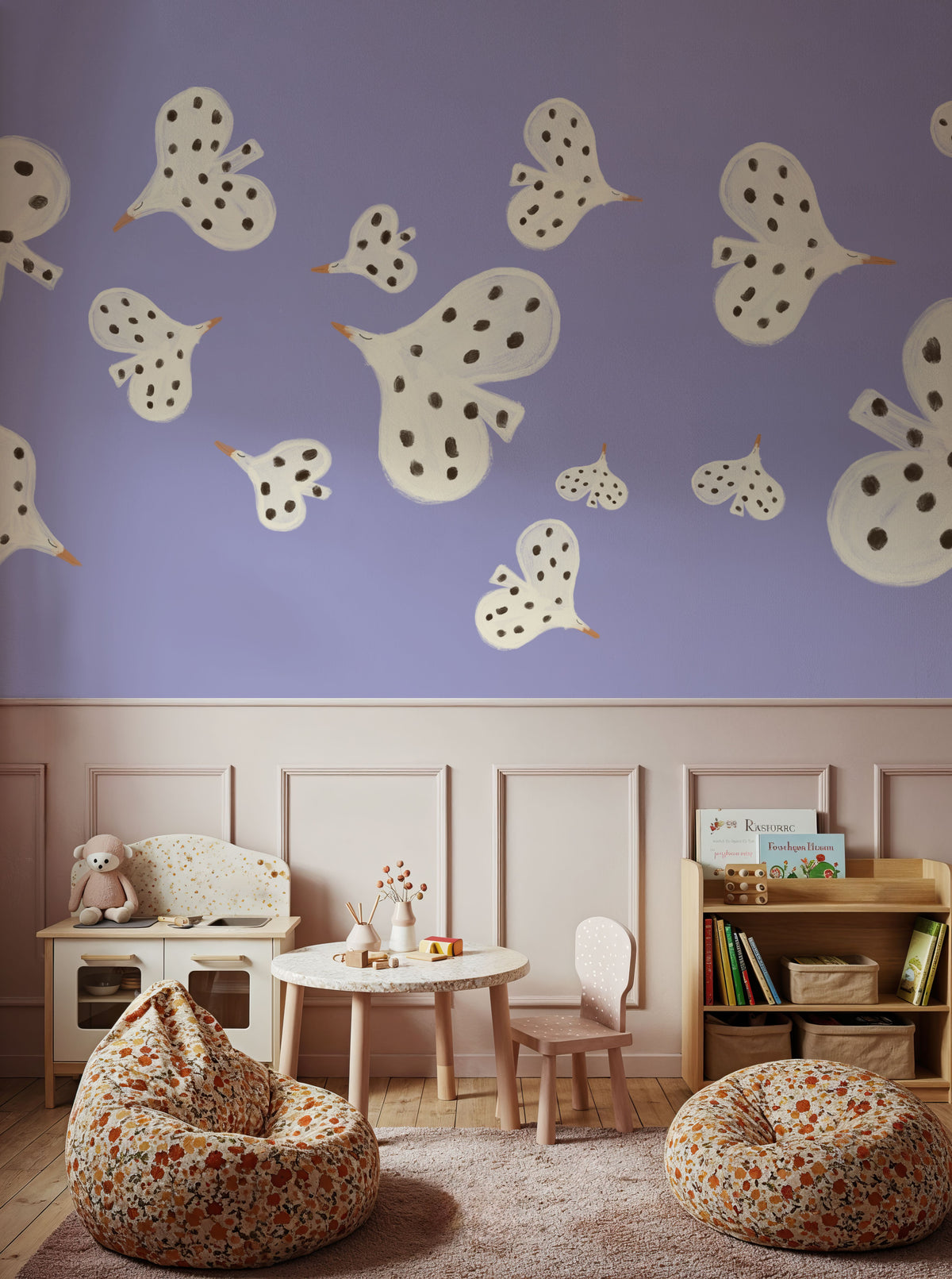 Birds Flying High, Periwinkle Mural Wallpaper - room preview 05