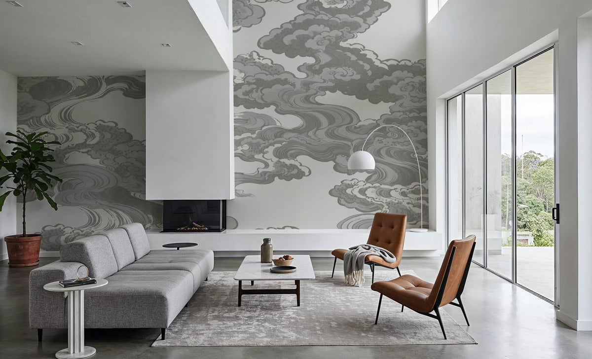 Ukiyo-e Clouds, Gray Mural Wallpaper - room preview 05