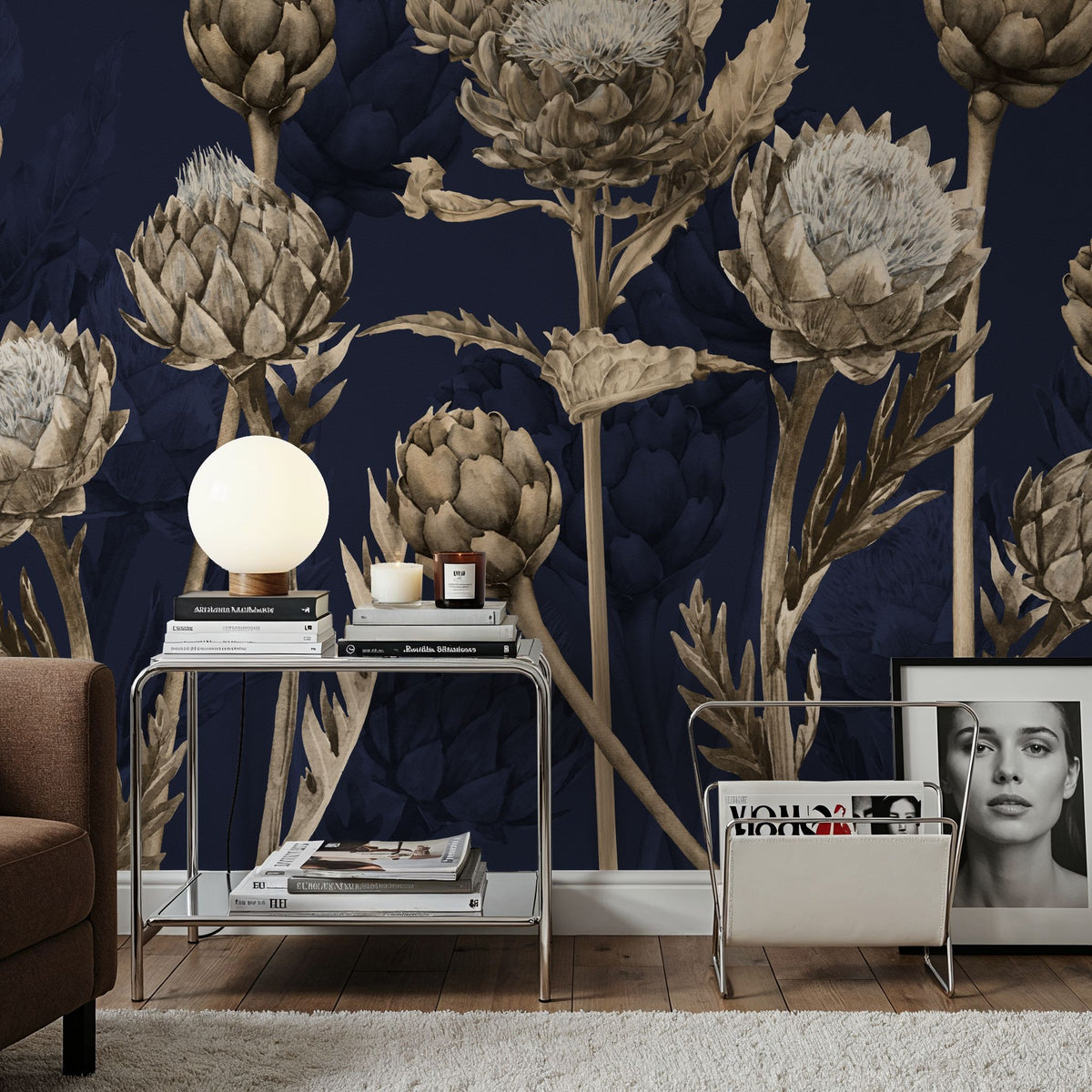 Artichoke Blooms, Navy Blue Mural Wallpaper - room preview 05