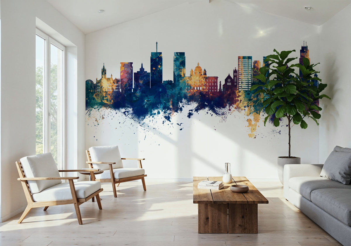Syracuse New York Skyline Blue & Bronze Mural Wallpaper - room preview 05