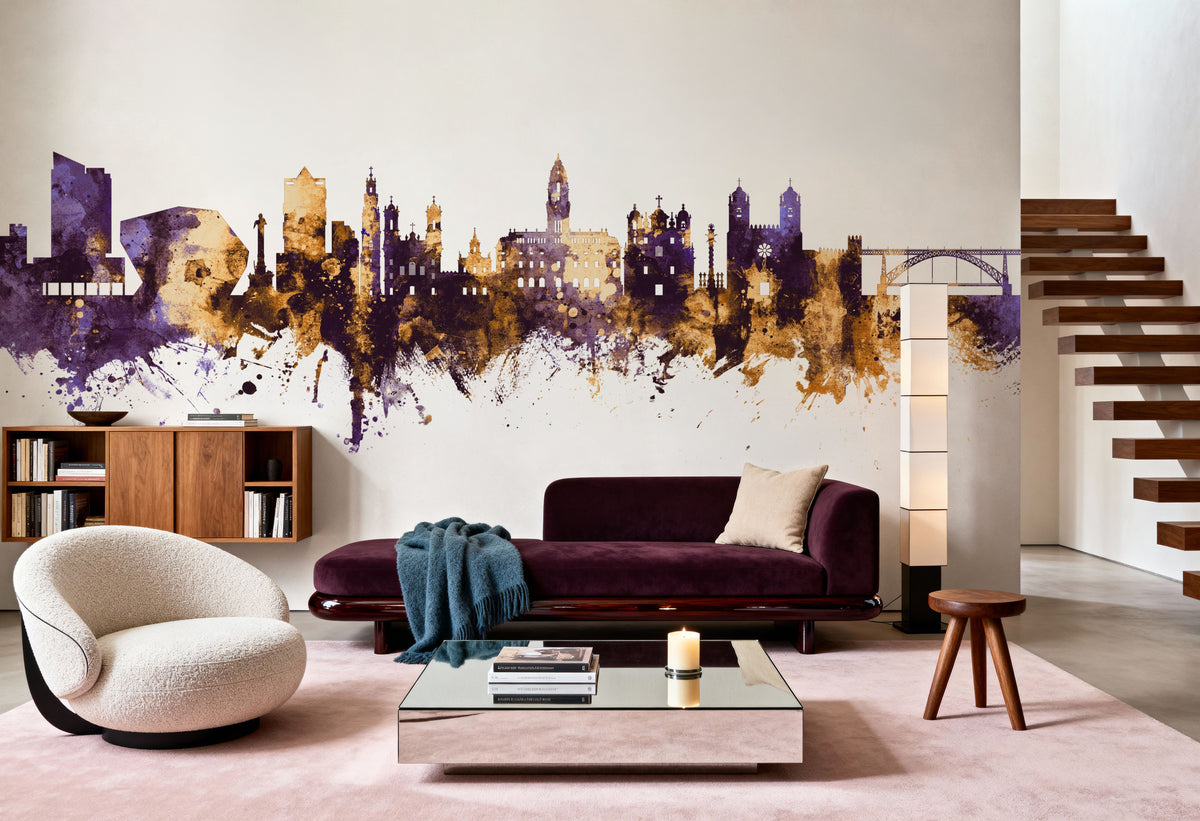 Porto Portugal Skyline Purple & Gold Mural Wallpaper - room preview 05