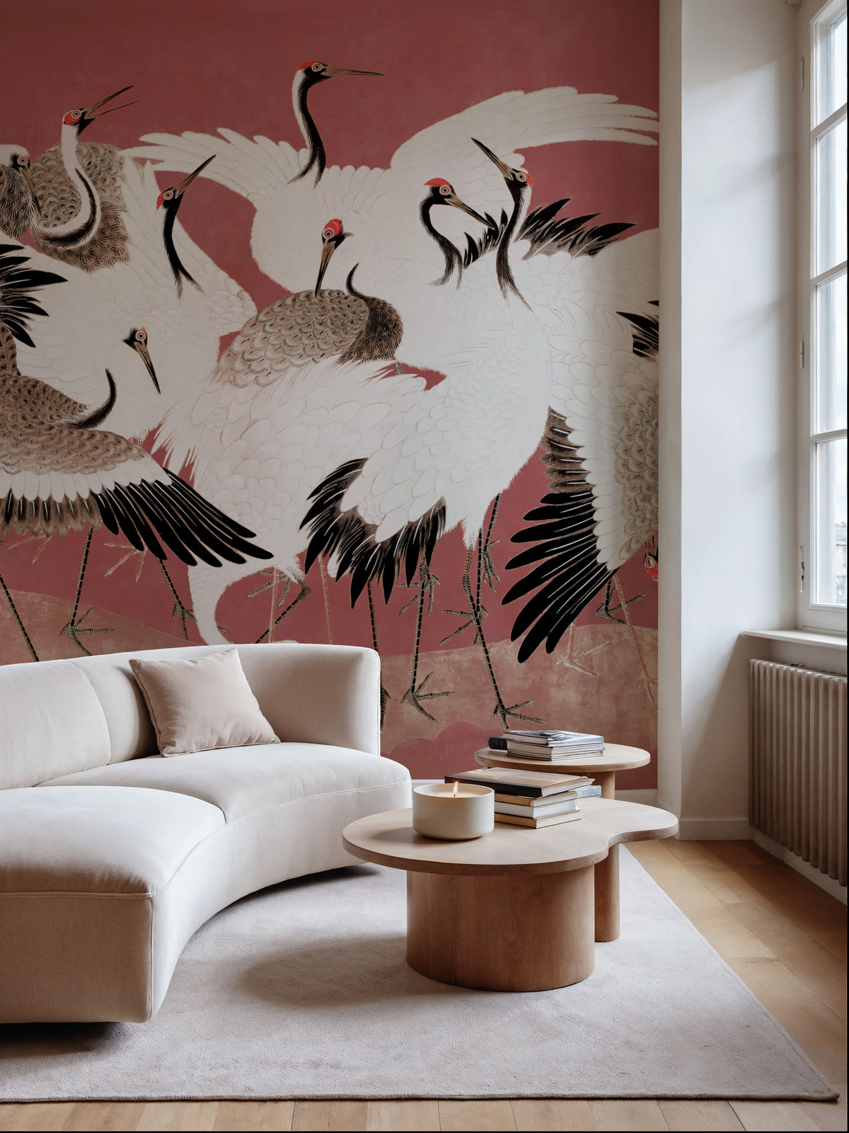 Japanese Flock of Cranes, Coral Blush Mural Wallpaper - room preview 05