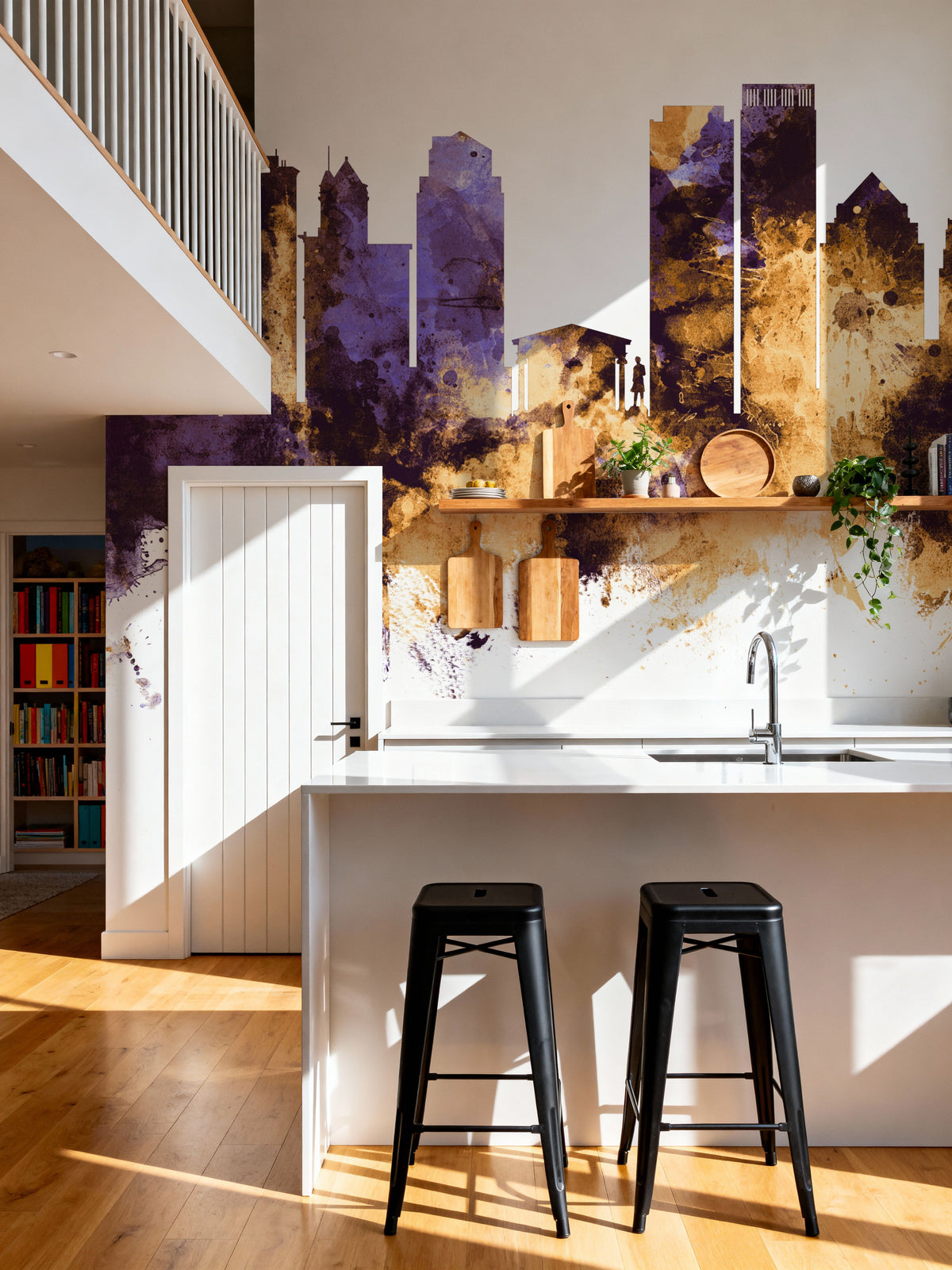 Dayton Ohio Skyline Purple & Gold Mural Wallpaper - room preview 05