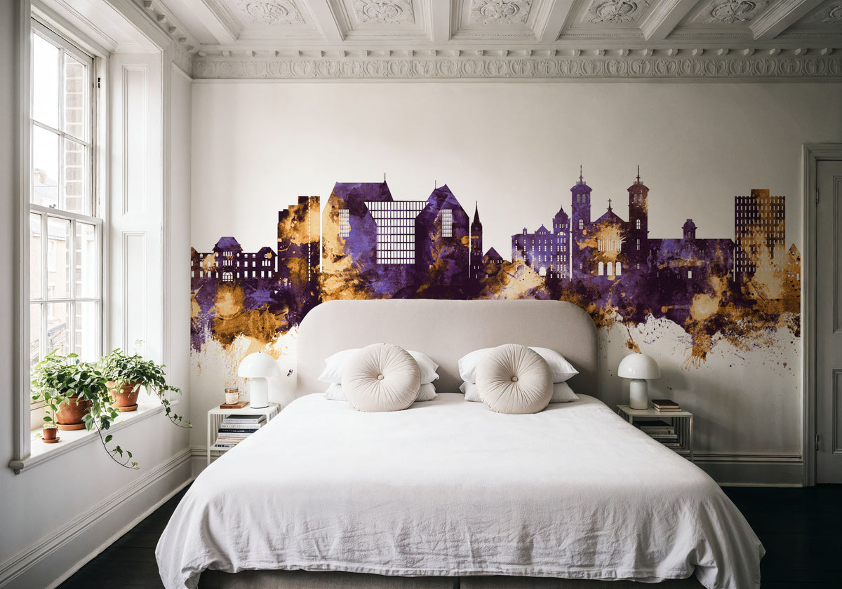 St John's Canada Skyline Purple & Gold Mural Wallpaper - room preview 05