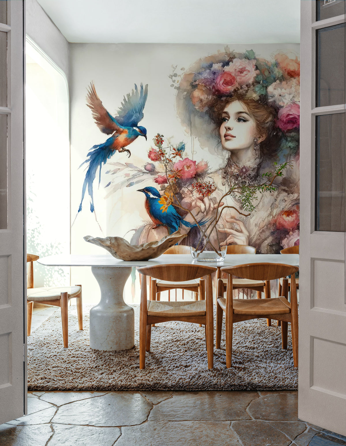 Enchanting Lady Amidst Blooms and Birds Mural Wallpaper - room preview 05