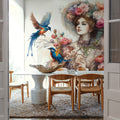 Enchanting Lady Amidst Blooms and Birds Mural Wallpaper - room preview 05