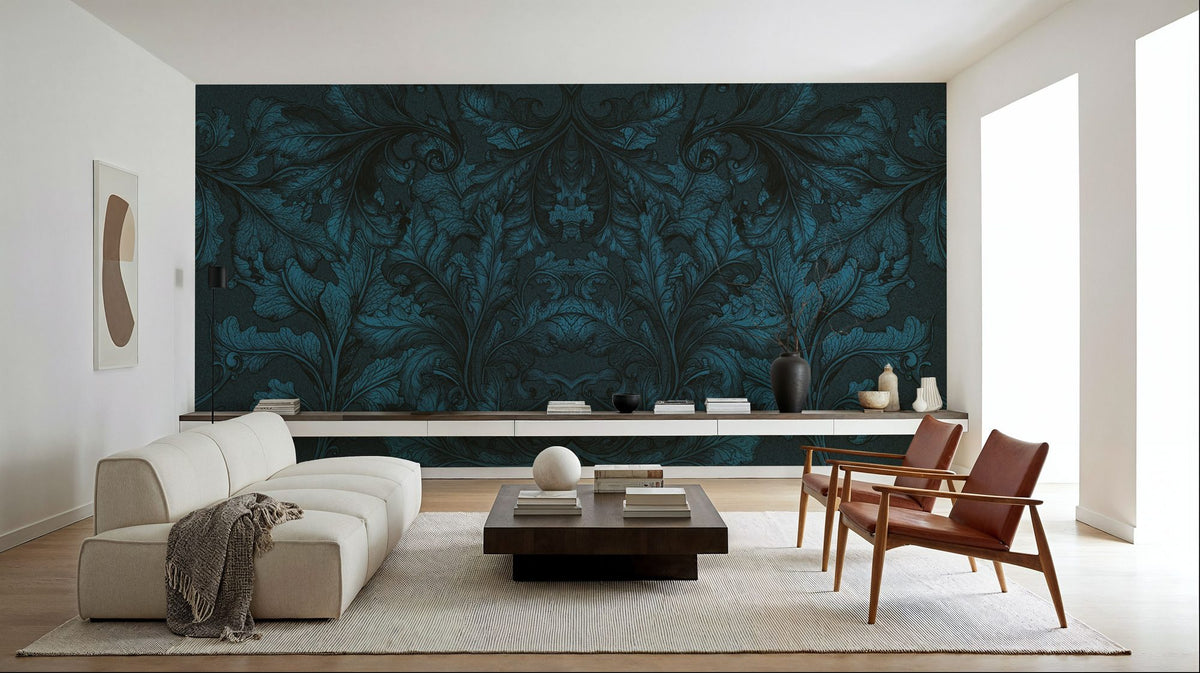 Shielded Leaf Blue Mural Wallpaper - room preview 05