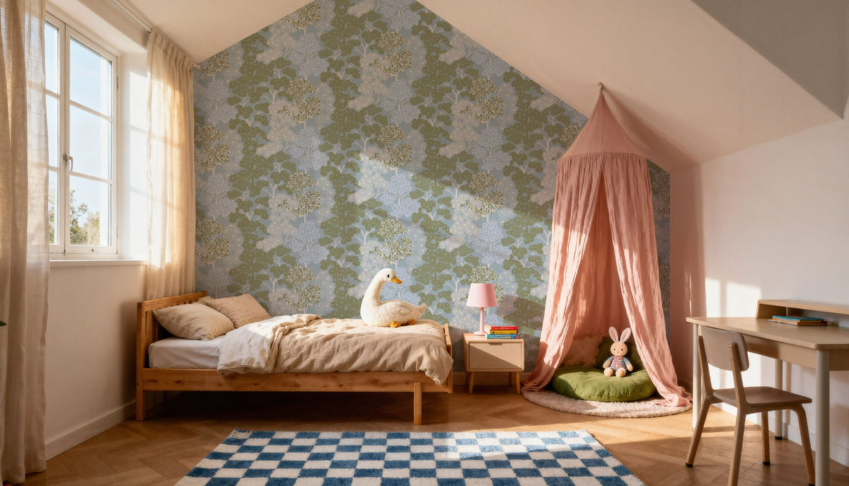Overleaf Woodland Pattern, French Blue Mural Wallpaper - room preview 05