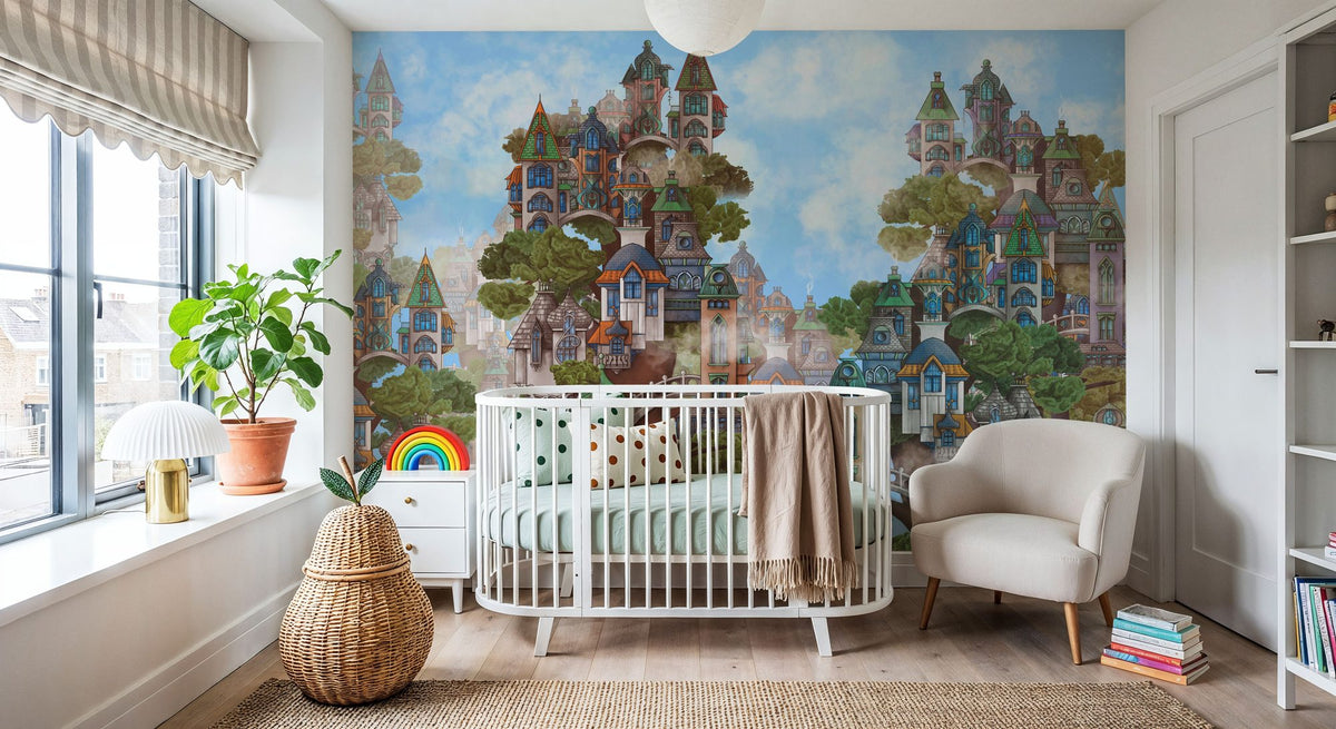 Treehouse Neighborhood Warm Bright Mural Wallpaper - room preview 05