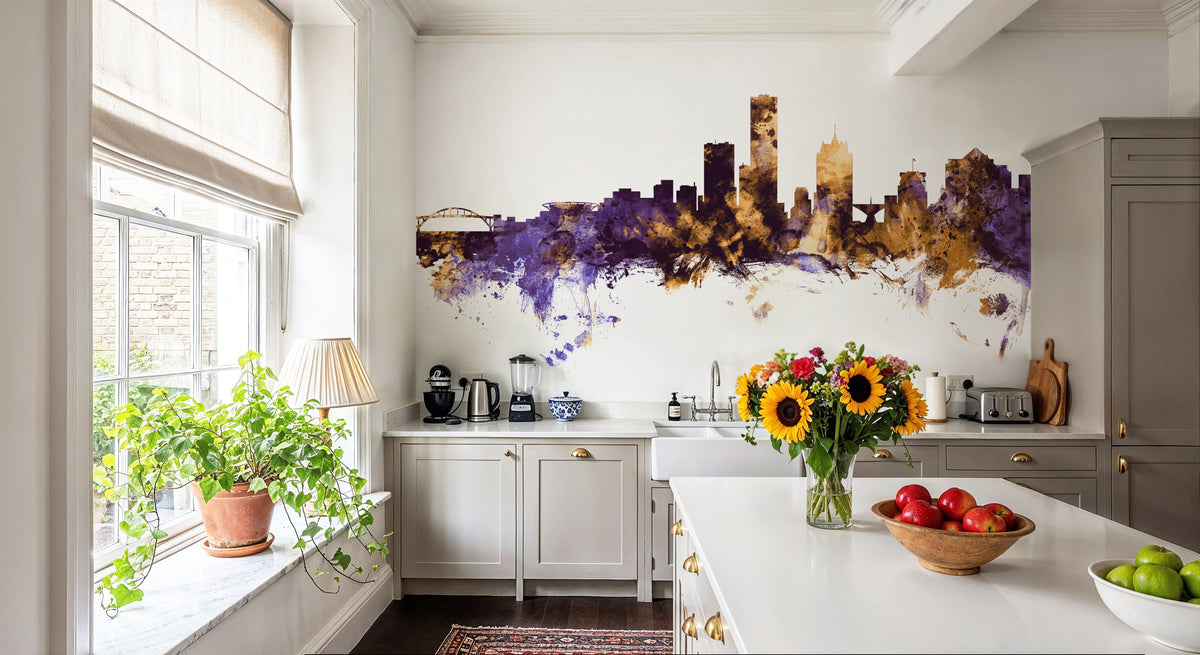 Milwaukee Wisconsin Skyline Purple & Gold Mural Wallpaper - room preview 05