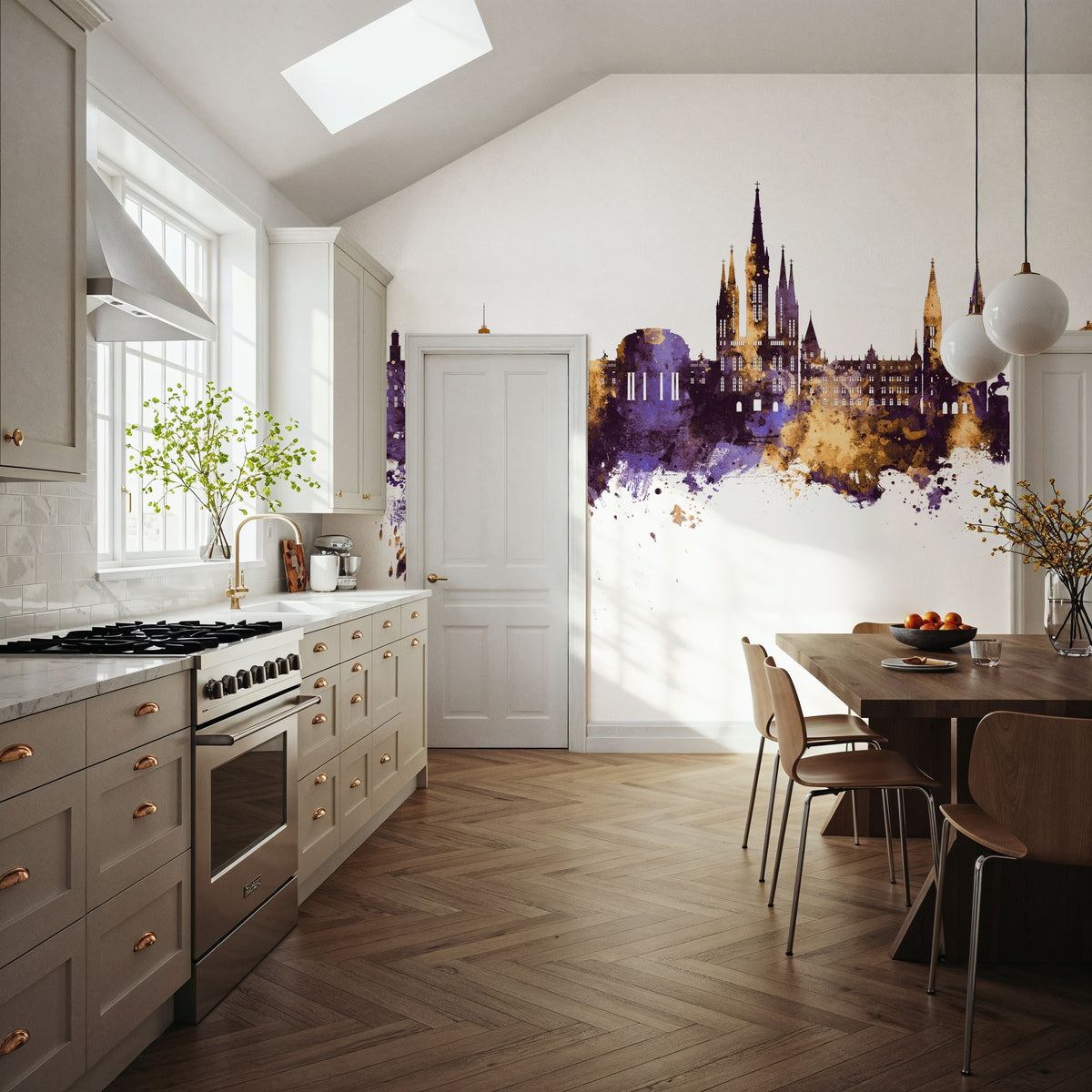 Weisbaden Germany Skyline Purple & Gold Mural Wallpaper - room preview 05