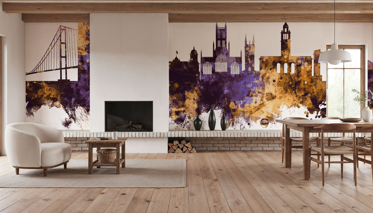 Kingston Upon Hull England Skyline Purple & Gold Mural Wallpaper - room preview 05