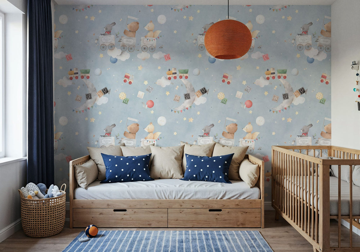 Sky Train, Washed Blue Mural Wallpaper - room preview 05