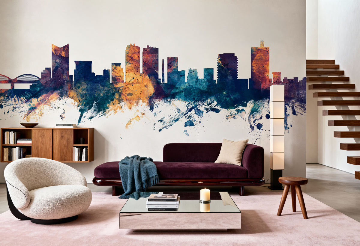 Fort Worth Texas Skyline Blue & Bronze Mural Wallpaper - room preview 05