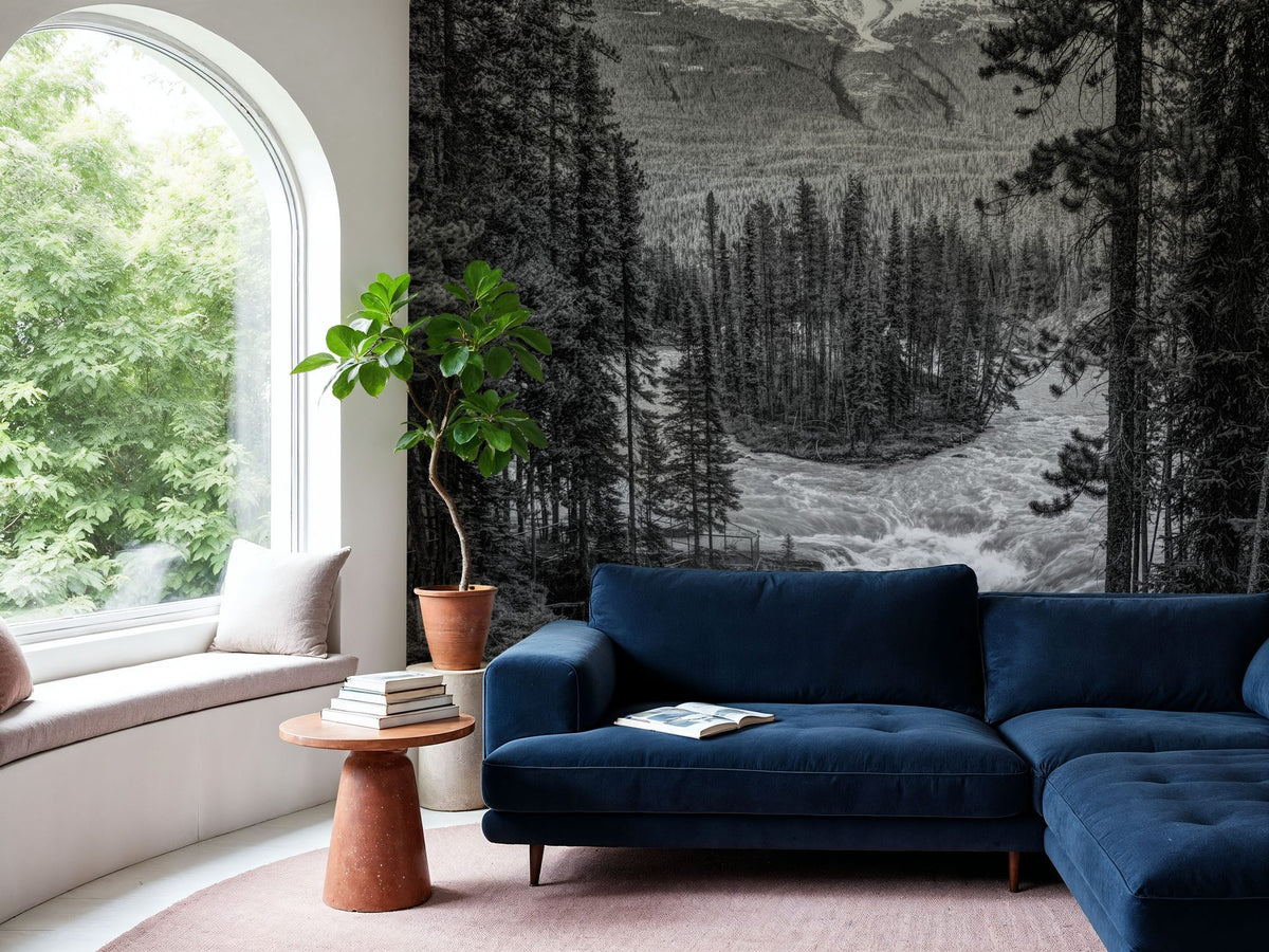 Sunwapta Falls BW Mural Wallpaper - room preview 05