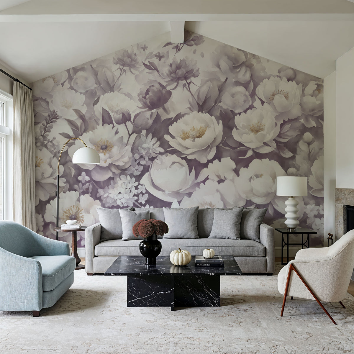 Watercolor Peonies WInter Mural Wallpaper - room preview 05
