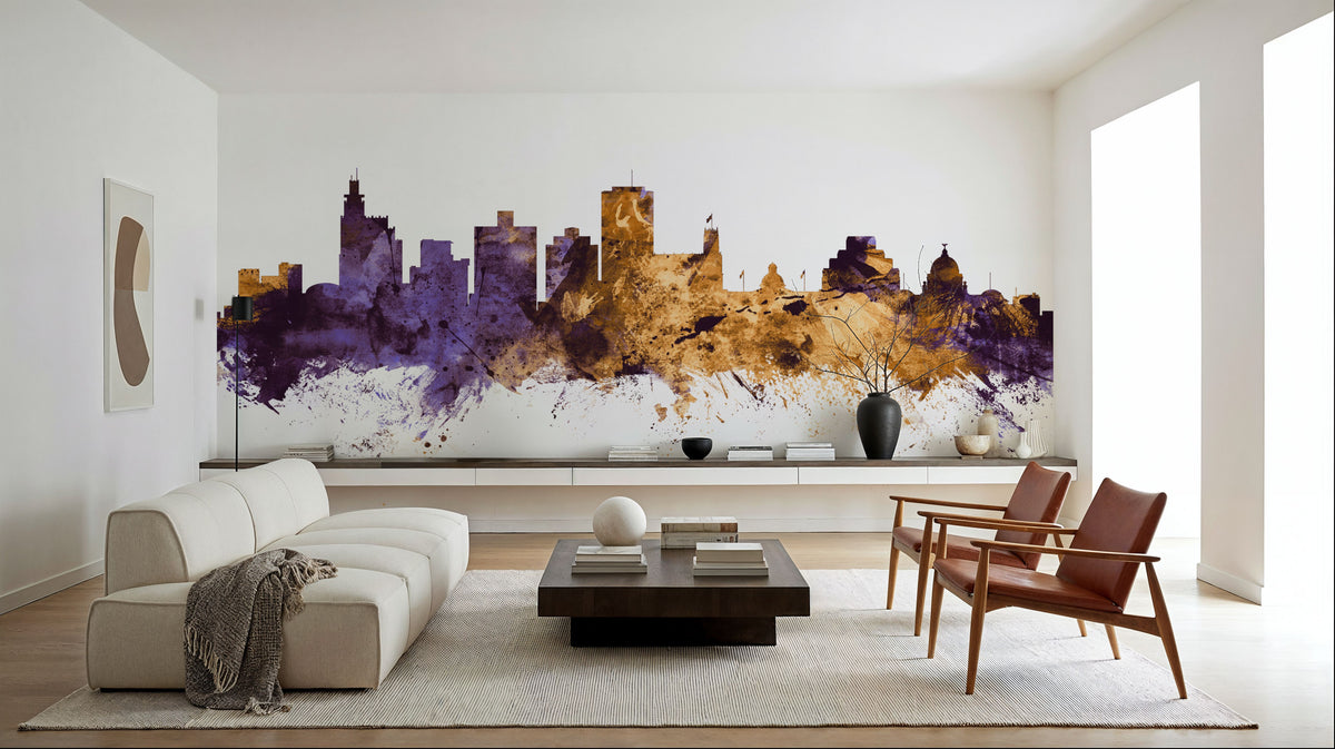 Jackson Mississippi Skyline Purple & Gold Mural Wallpaper - room preview 05