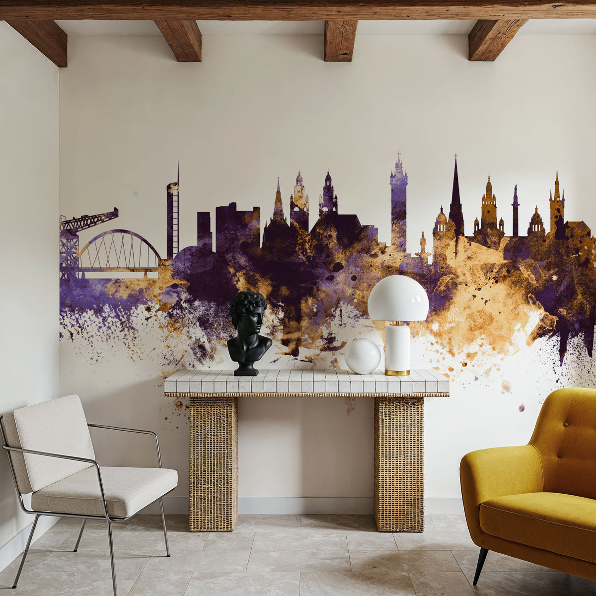 Glasgow Scotland Skyline Purple & Gold Mural Wallpaper - room preview 05